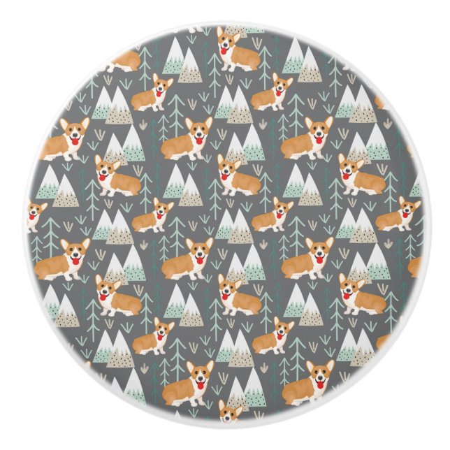 Corgis in the Mountains and Forest Pattern Ceramic Knob (Front)