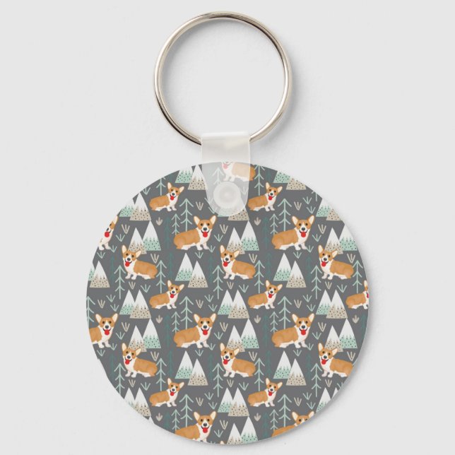 Corgis in the Mountains and Forest Pattern Key Ring (Front)