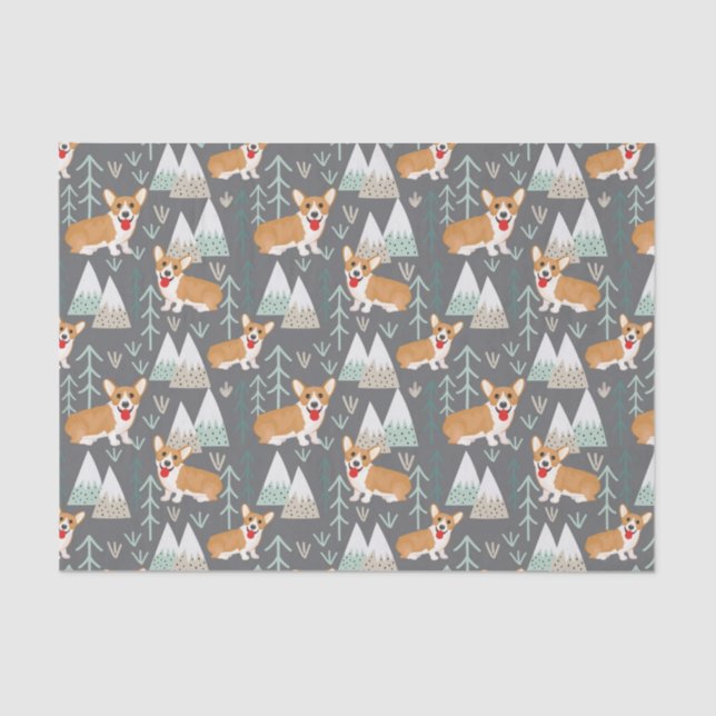Corgis in the Mountains and Forest Pattern Tissue Paper (Front)