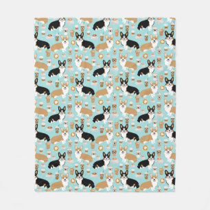 Corgis love coffee light blue fleece blanket