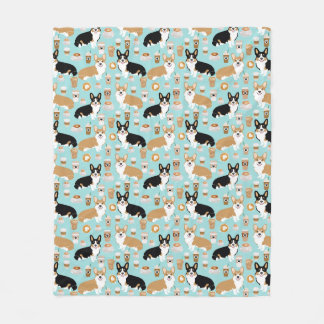 Corgis love coffee light blue fleece blanket