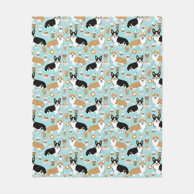 Corgis love coffee light blue fleece blanket (Front)