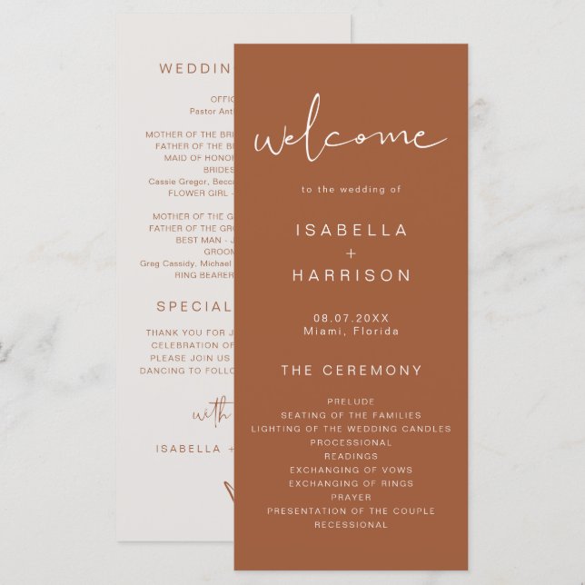 CORIANDER Bohemian Burnt Orange Wedding Program Menu (Front/Back)