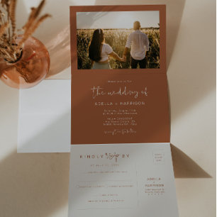 CORIANDER Boho Terracotta Burnt Orange Wedding Tri-Fold Invitation