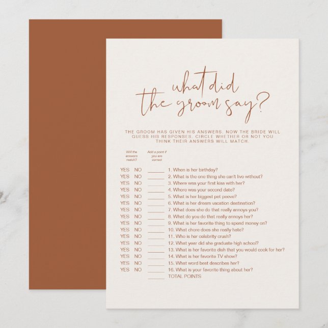 CORIANDER Boho What Did The Groom Say Bridal Game Invitation (Front/Back)