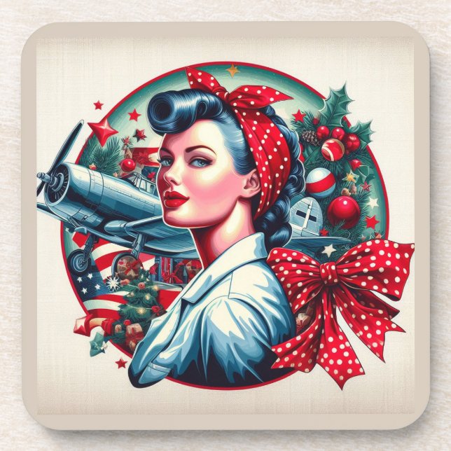 Cork Backed Coaster - Rosie the Riveter Christmas (Front)