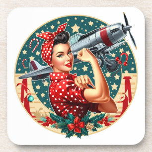 Cork Backed Coaster - Rosie the Riveter Christmas