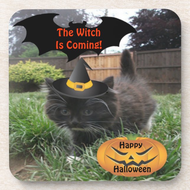 Cork Coaster Black Cat Witch Is Coming (Front)