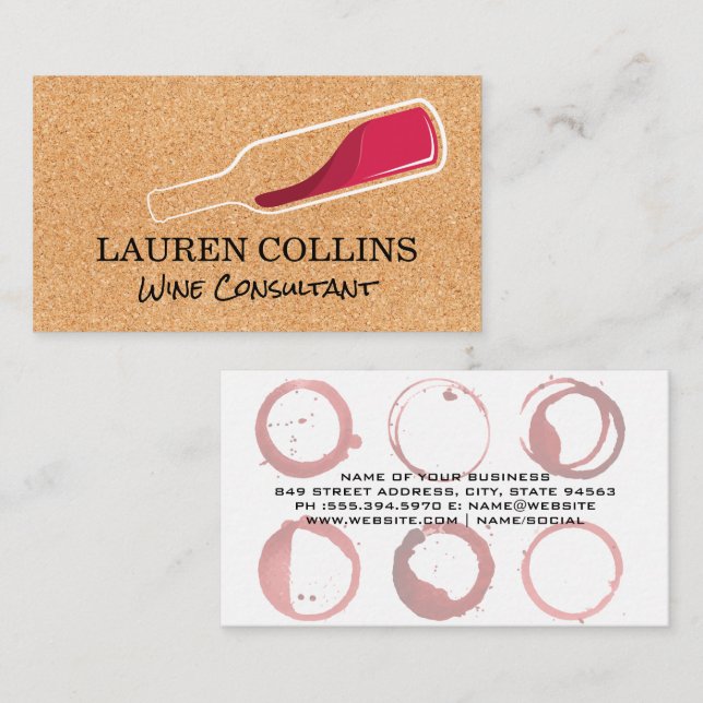 Cork Texture | Red Wine Bottle Logo | Wine Stains Business Card (Front/Back)