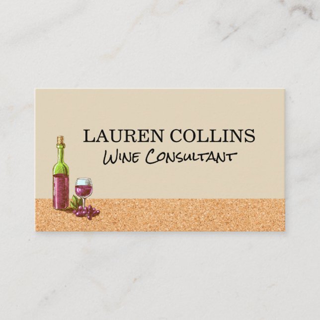 Cork Texture | Wine Glass and Bottle with Grapes Business Card (Front)