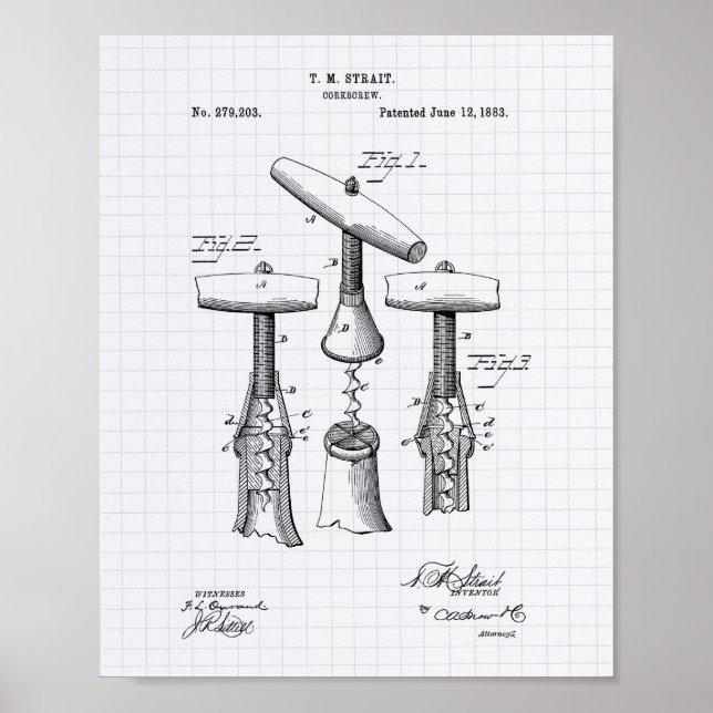Corkscrew 1883 Patent Art - Lined Peper Poster (Front)