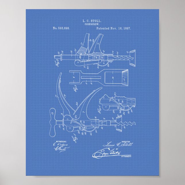 Corkscrew 1897 Patent Art - Blueprint Poster (Front)