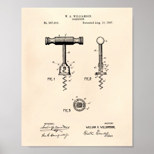 Corkscrew 1897 Patent Art Old Peper Poster (Front)