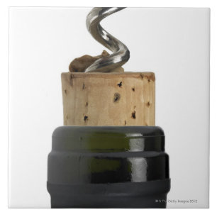 Corkscrew and cork, photographed on white tile