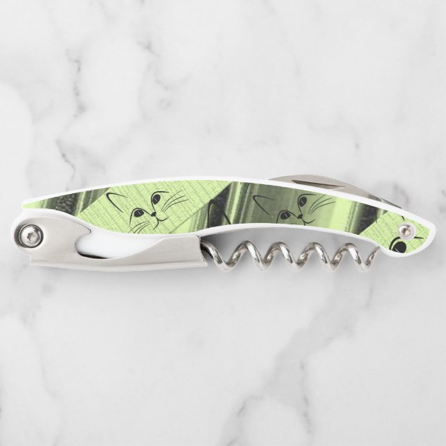 Corkscrew Bottle Opener Cats Kittens Green (Front)