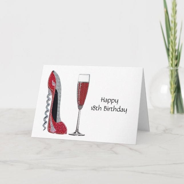 Corkscrew Heel Red Stiletto and Champagne Glass Card (Front)