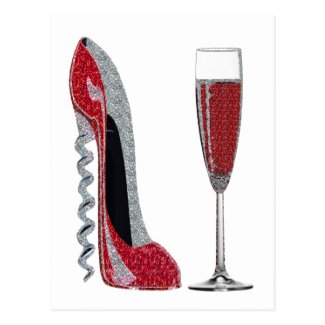 Corkscrew Heel Red Stiletto and Champagne Glass Postcard