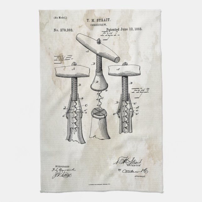 Corkscrew Patent Print 1883 Towel (Vertical)