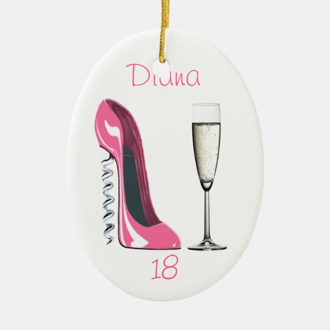 Corkscrew Pink Stiletto and Champagne Ornament (Front)