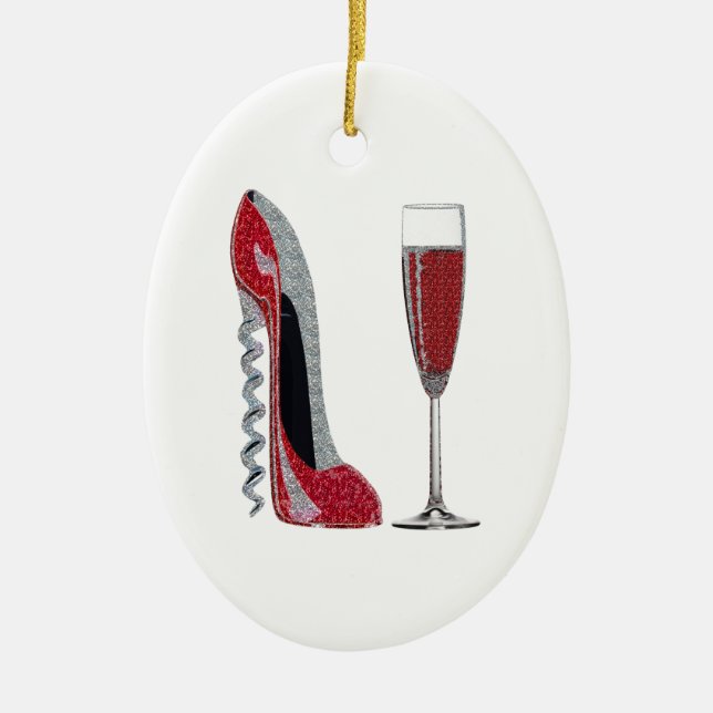 Corkscrew Red Stiletto and Champagne Glass Art Ceramic Tree Decoration (Front)
