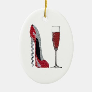Corkscrew Red Stiletto and Champagne Glass Art Christmas Ornament
