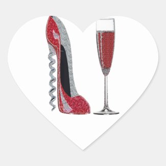 Corkscrew Red Stiletto and Champagne Glass Art Heart Sticker