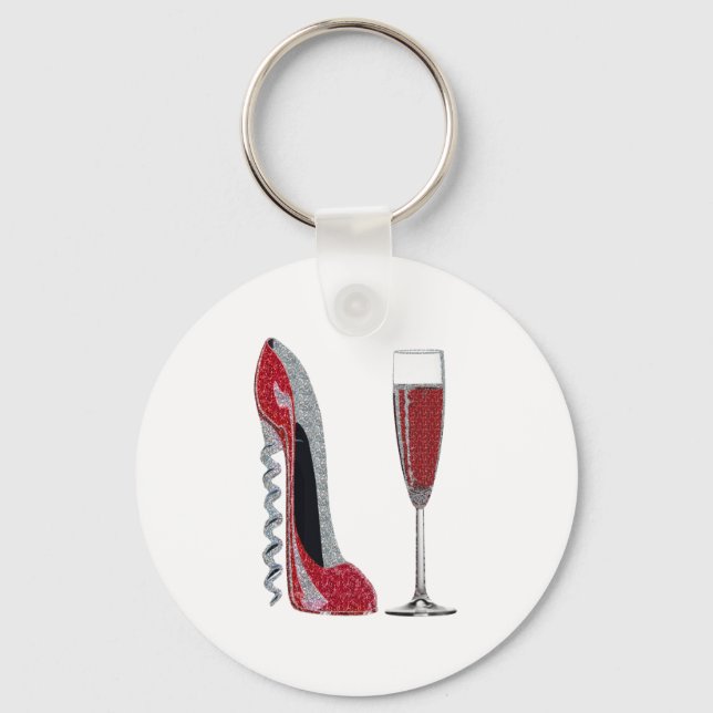 Corkscrew Red Stiletto and Red Wine Art Key Ring (Front)