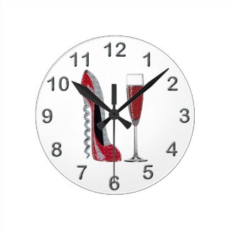 Corkscrew Red Stiletto and Red Wine Art Round Clock