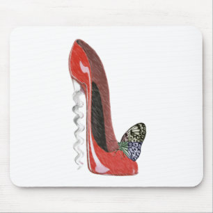 Corkscrew Red Stiletto Shoe and Butterfly Art Gift Mouse Mat