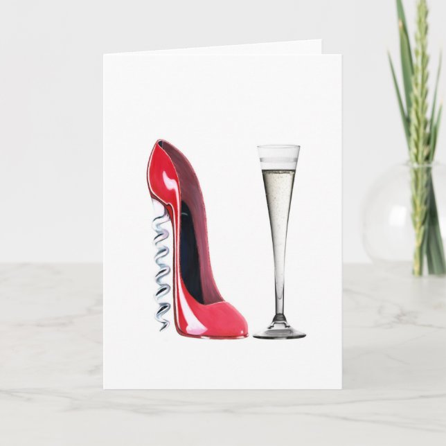 Corkscrew Stiletto Shoe and Champagne Flute Glass Card (Front)