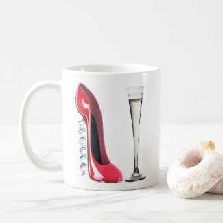 Corkscrew Stiletto Shoe and Champagne Flute Glass Coffee Mug