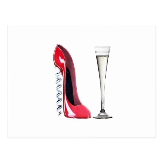 corkscrew stiletto shoe and chagne flute glass postcard corkscrew stiletto shoe and chagne flute glass postcard