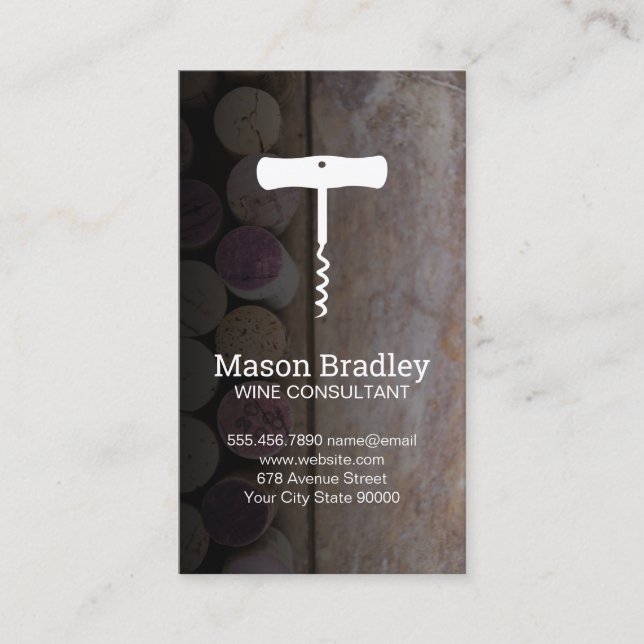 Corkscrew Wine opener | Corks on Table Business Card (Front)