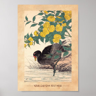 Cormorant and Kerria Rose Flower and Bird Painting Poster