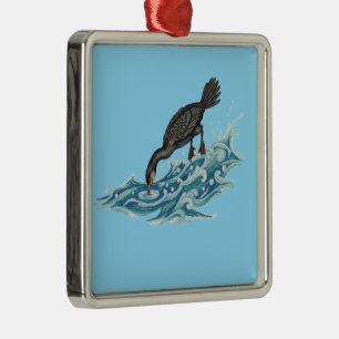 Cormorant Fishing in Waves Metal Tree Decoration