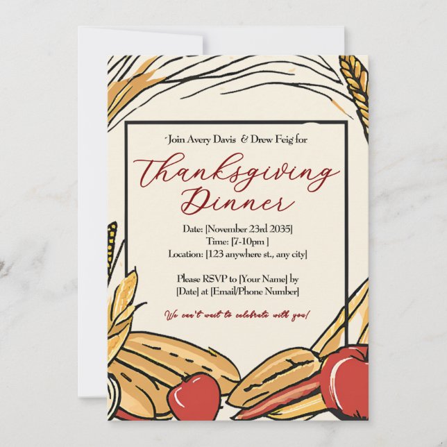 Corn, Apples and Wheat Harvest Thanksgiving Dinner Invitation (Front)