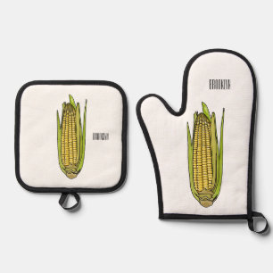 Corn cartoon illustration  oven mitt & pot holder set