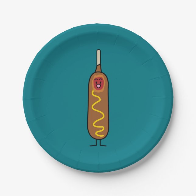 corn dog corndog mustard deep-fried sausage dogs paper plate (Front)