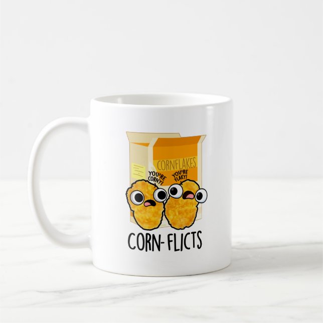 Corn-flicts Funny Corn Flakes Pun  Coffee Mug (Left)