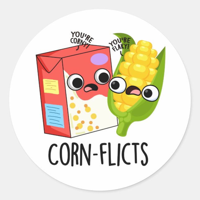 Corn-flicts Funny Cornflake Corn Pun Classic Round Sticker (Front)