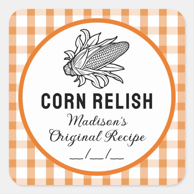 Corn relish label with orange chequered pattern (Front)