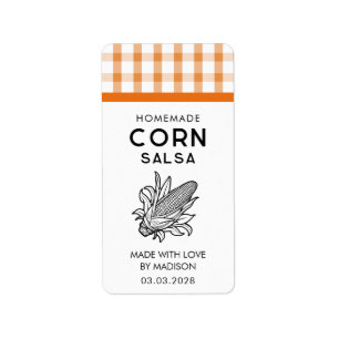 Corn salsa label with cob and chequered pattern