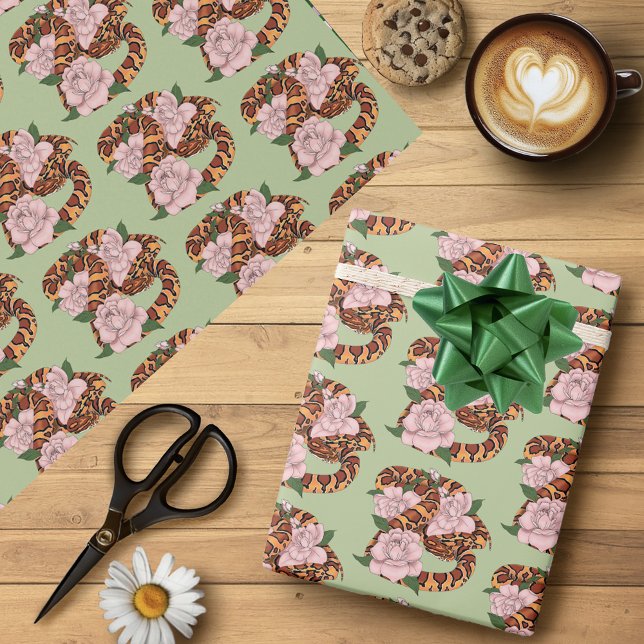Corn Snake Pink Flowers Green Wrapping Paper (Creator Uploaded)