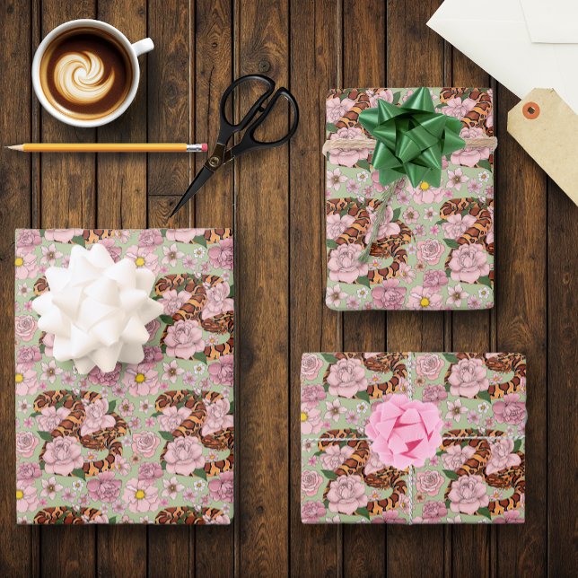 Corn Snake Pink Flowers Green Wrapping Paper Sheet (Creator Uploaded)