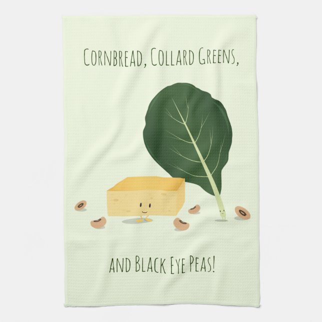 Cornbread Collard Greens Black Eye Peas Characters Tea Towel (Vertical)