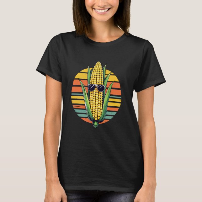 Corncob With Sunglasses, Retro Vegetable & Funny C T-Shirt (Front)