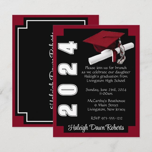 Corner Block Black & Cardinal Red Graduation Invitation (Front/Back)