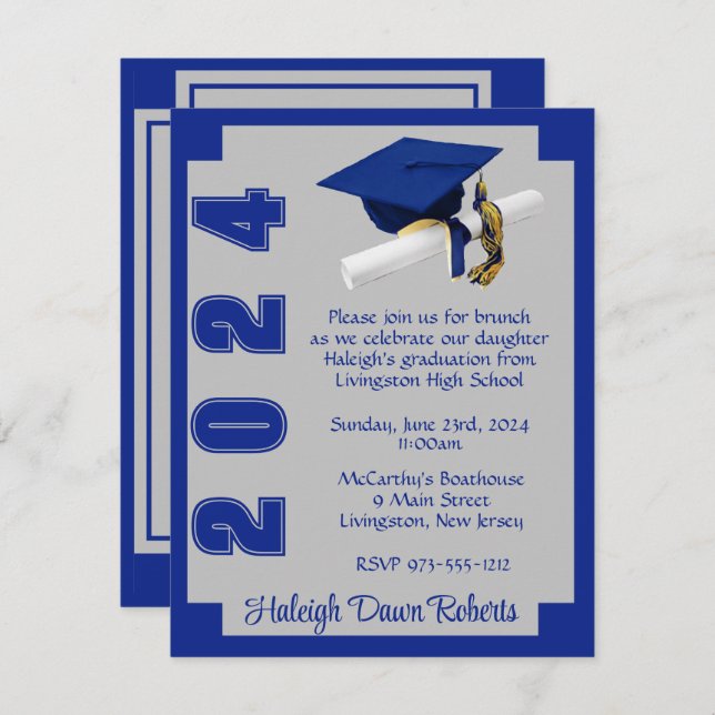 Corner Block Royal Blue & Grey Graduation Invitation (Front/Back)