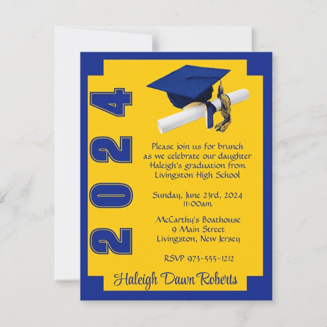 Corner Block Royal Gold & Blue Graduation Invitation (Front)
