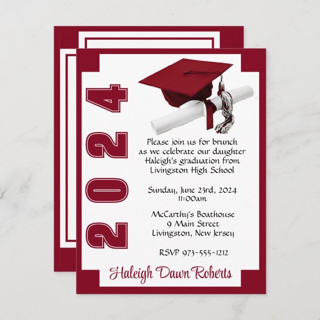 Corner Block White& Cardinal Red Graduation Invitation (Front/Back)